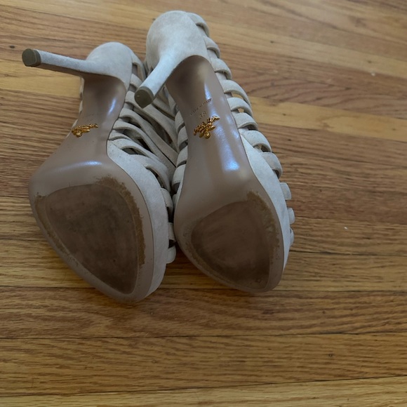 Prada Neutral Suede Peep Toe Caged Platform Heels - Picture 2 of 2